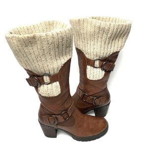 B.O.C. leather knee high boots thick woven sock edge chunky block heel Sz 8.5